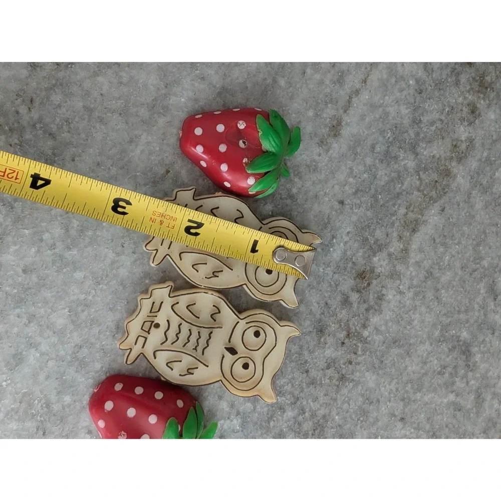 Vintage Refrigerator Magnets Lot of 4 Owls Strawberries Retro Kitchen Decor